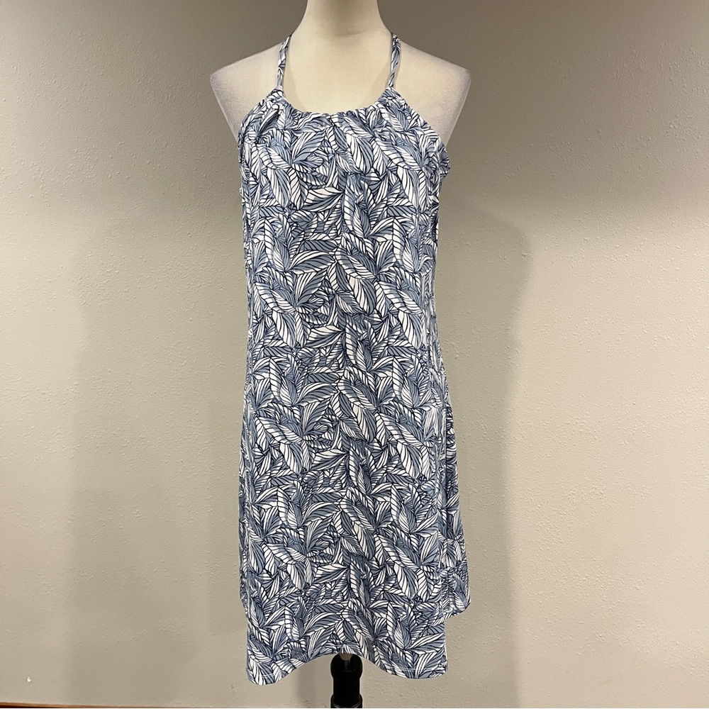 Eddie Bauer sporty Blue‎ Leaf Print stretchy halter mini Dress size large